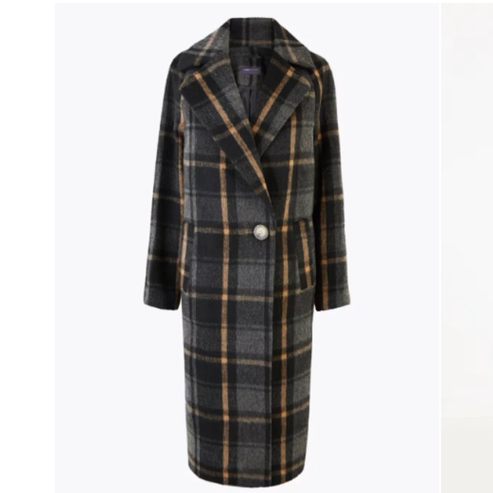Marks Spencer Coat Womens 12 Gray Check Cocoon Wool Overcoat Cozy Academia